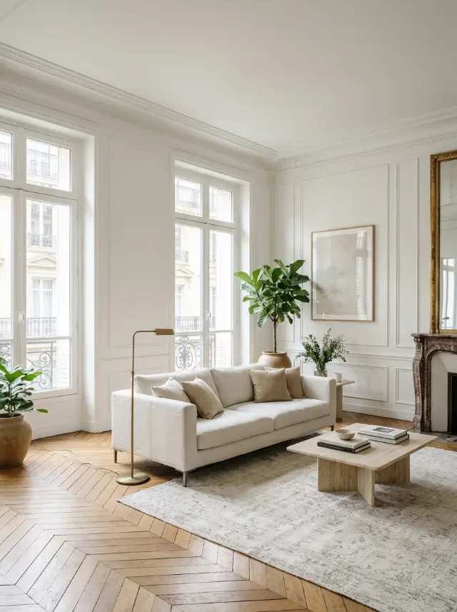Original Parisian living room with white walls and a cream sofa